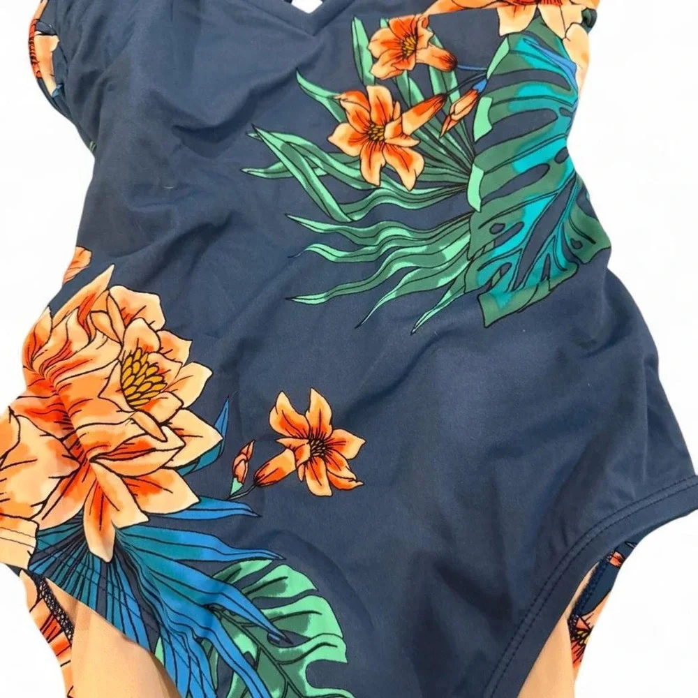 Kona Sol Womens Floral One Piece Swimsuit Navy Blue Orange Tropical Size S
